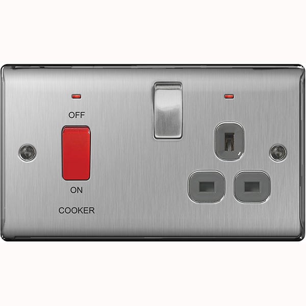 BG Nexus Metal Brushed Steel Double Cooker Switch / Socket Grey Insert 45A - NBS70G, Image 1 of 1