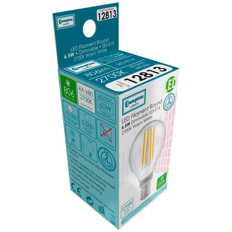Crompton LED Round Filament Clear 6.5W 2700K SES-E14 - CROM12813, Image 2 of 2