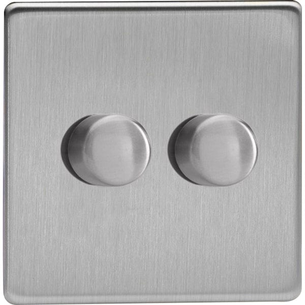 Varilight Screwless 2-Gang 2-Way Push-On/Off Rotary LED Dimmer - Brushed Steel - JDSP252S, Image 1 of 1