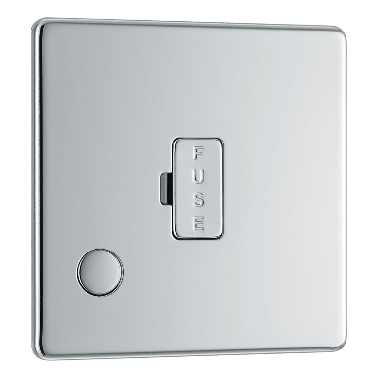 BG Nexus Flatplate Screwless Polished Chrome 13A 2-Pole Unswitched Fused Spur With Flex Outlet - FPC55, Image 1 of 3
