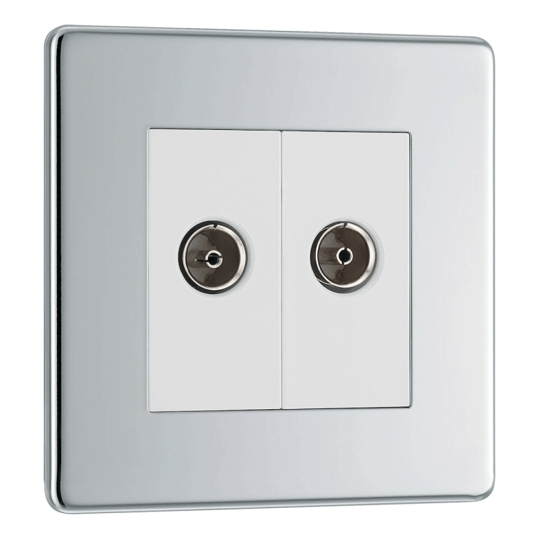 BG Nexus Flatplate Screwless Polished Chrome 2 Gang Double Co-Axial Socket for TV & FM Aerial Connection - FPC61, Image 1 of 3
