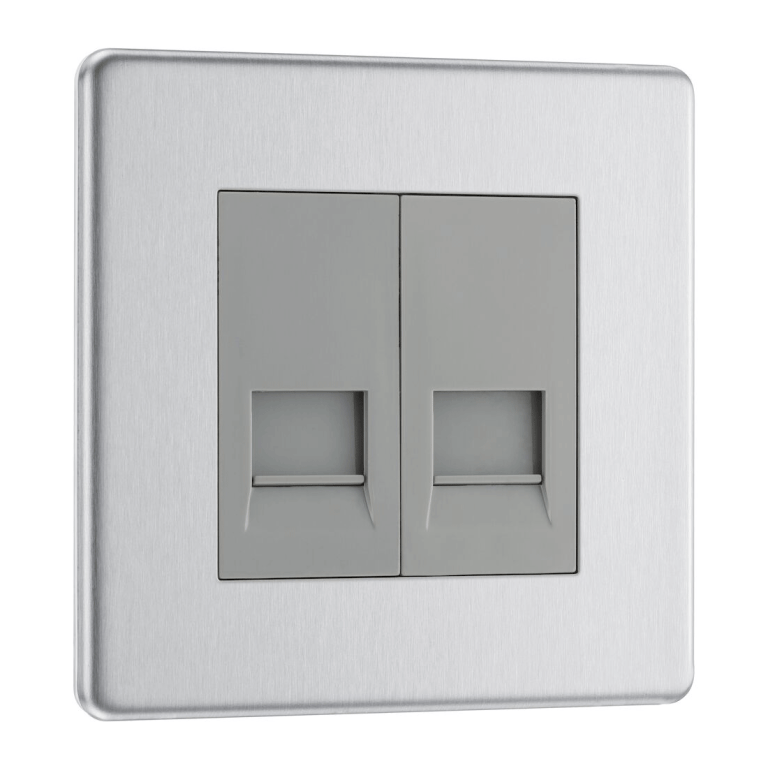 BG Nexus Flatplate Screwless Brushed Steel 2 Gang Double Telephone Master Socket - FBSBTM2, Image 1 of 3