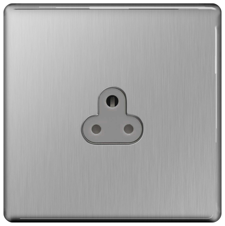 BG Nexus Flatplate Screwless Brushed Steel 2A 1 Gang Unswitched Round-Pin Socket - Grey Insert FBS28G, Image 1 of 1
