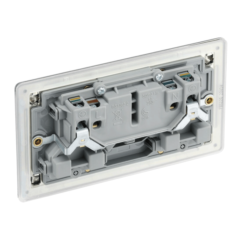 BG Screwless Flatplate Brushed Steel Double Switched 13A Power Socket - Grey Insert - FBS22G, Image 3 of 4