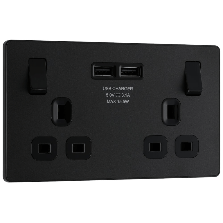 BG Evolve Matt Black Double Switched 13A Power Socket + 2 X USB (3.1A) - PCDMB22U3B, Image 1 of 3