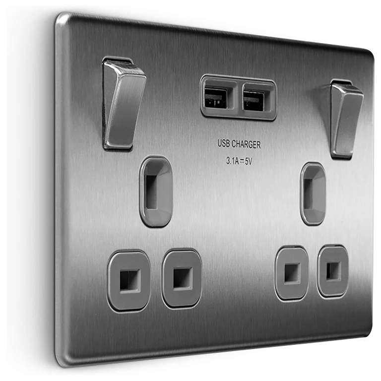 BG Screwless Flatplate Brushed Steel Double Switched 13A Power Socket With Usb Charging - 2X Usb Sockets (3.1A) - Grey Insert -, Image 1 of 6