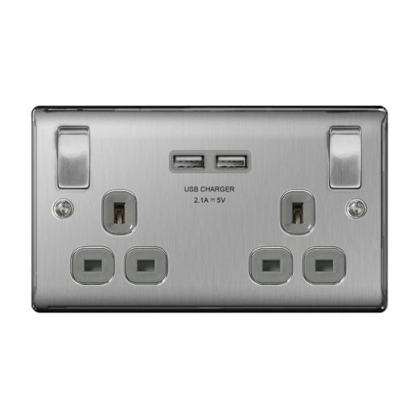 BG Nexus Metal Brushed Steel Double Switched 13A Power Socket With USB Charging - NBS22U3G, Image 1 of 1