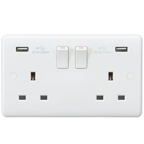 Knightsbridge Curved Edge 13A 2G Switched Socket with Dual USB Charger (5V DC 3.1A shared) - White - CU9904, Image 1 of 1