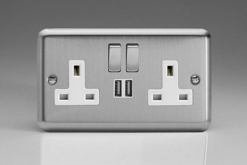 Varilight 2-Gang 13A Single Pole Switched Socket with Metal Rockers with 2x5V DC 2100mA USB Charging Ports - XS5U2SDW, Image 1 of 1