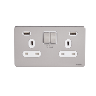 Schneider USFP 2G Switched Socket Double Pole 2x USB 4A White Insert Stainless Steel - GGBGU3424DWSS