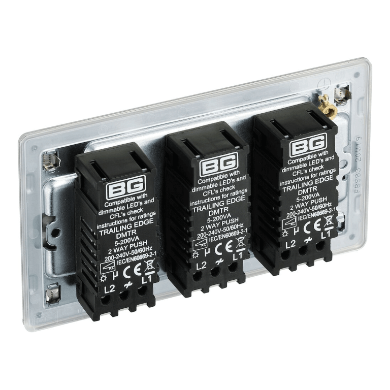 BG Screwless Flatplate Brushed Steel Triple Intelligent Led Dimmer Switch, 2-Way Push On/Off - FBS83, Image 2 of 3