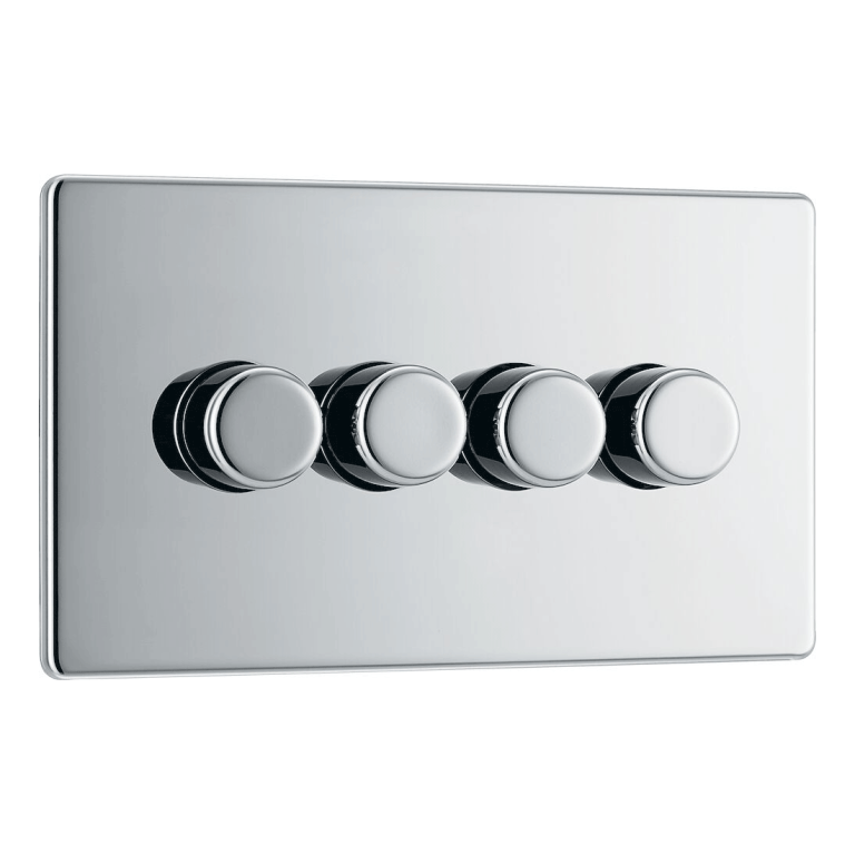 BG Screwless Flatplate Polished Chrome Quadruple Intelligent Led Dimmer Switch, 2-Way Push On/Off - FPC84, Image 1 of 3