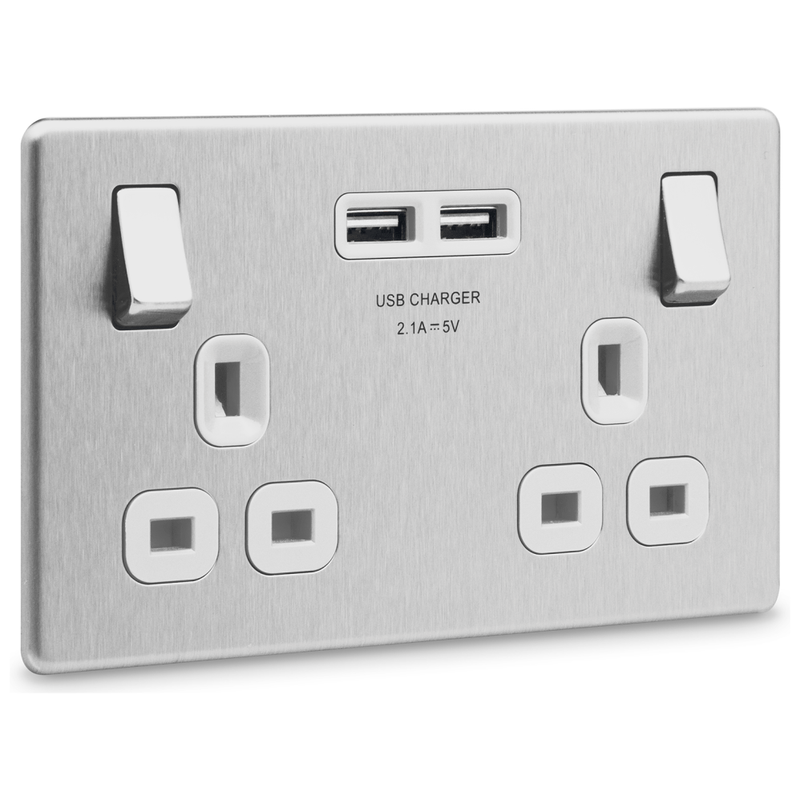 BG Flat Plate Brushed Steel Wh 13A, 2G Skt+2 Usb (2.1A), Skt - FBS22UW, Image 1 of 4