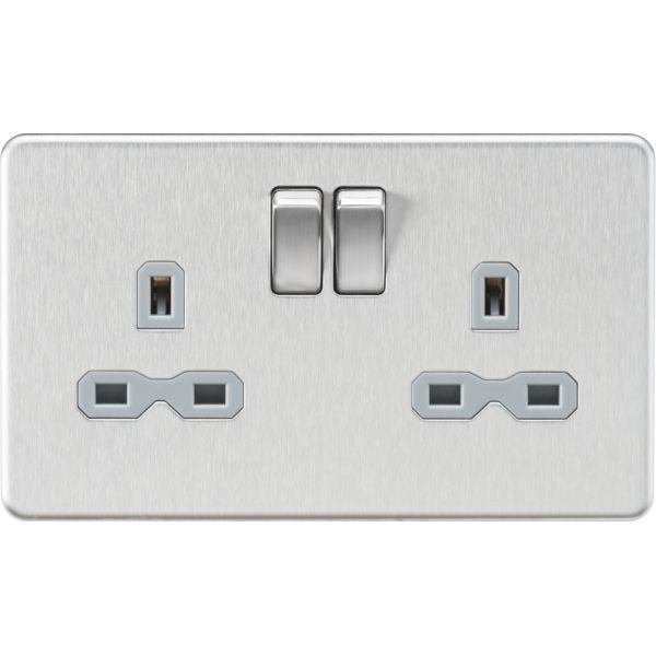 Knightsbridge Screwless 2 Gang Double Socket, Brushed Chrome with Grey ...