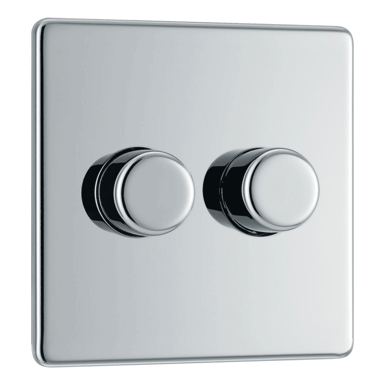 BG Screwless Flatplate Polished Chrome Double Intelligent Led Dimmer Switch, 2-Way Push On/Off - FPC82, Image 1 of 3