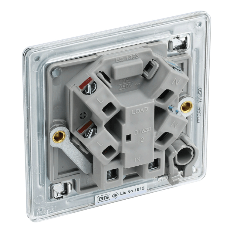 BG Nexus Flatplate Screwless Polished Chrome 13A 2-Pole Unswitched Fused Spur With Flex Outlet - FPC55, Image 3 of 3