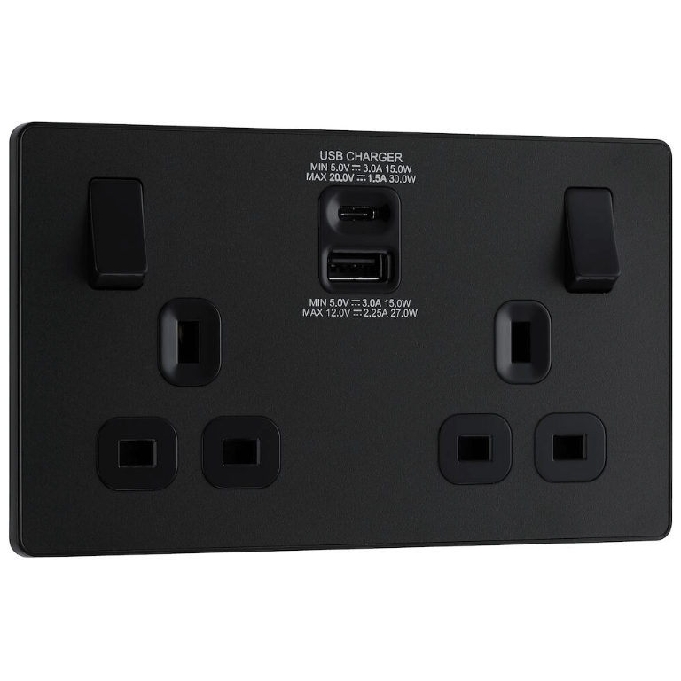 BG Evolve Matt Black Double Switched 13A Power Socket + USB C 30W + USB A (2.1A) - PCDMB22UAC30B, Image 1 of 3
