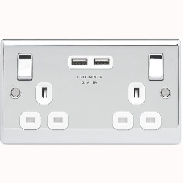 BG Nexus Metal Polished Chrome Single 2 Gang Plug Socket  with 2 x USB Outlet White Insert 13A - NPC22U3W, Image 1 of 1