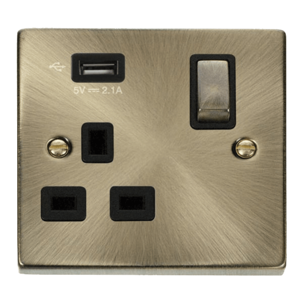 Click Scolmore Deco Ingot 1 Gang 13A 1x USB-A 2.1A Switched Socket - VPAB571UBK, Image 1 of 1