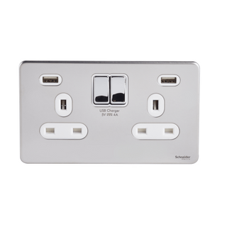 Schneider USFP 2G Switched SO Double Pole 2XUSB 4A White Insert - Polished Chrome - GGBGU3424DWPC
