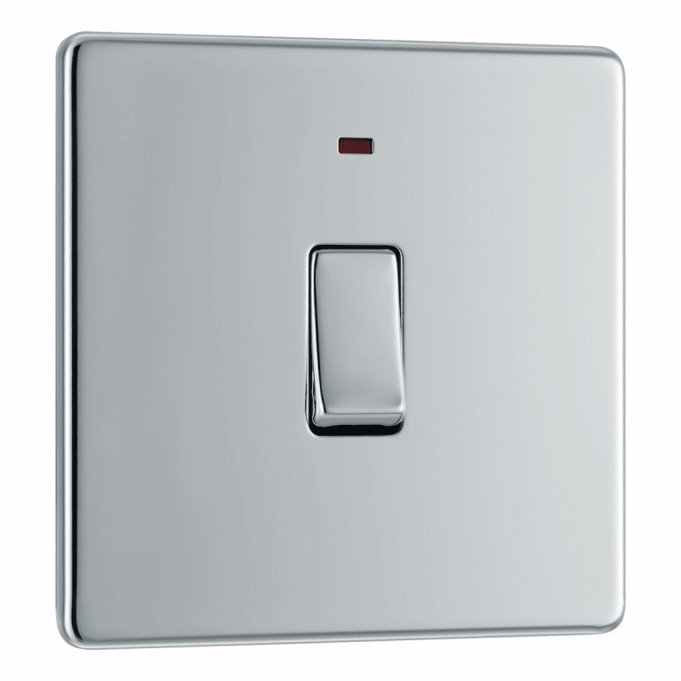 BG Screwless Flatplate Polished Chrome Single Switch, 20A With Power Indicator - FPC31, Image 1 of 3