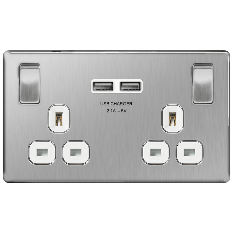 BG Flat Plate Brushed Steel Wh 13A, 2G Skt+2 Usb (2.1A), Skt - FBS22UW, Image 2 of 4