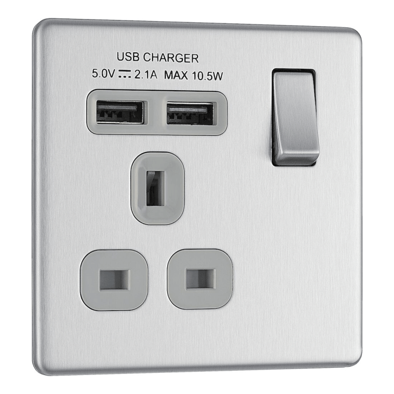 BG Screwless Flatplate Brushed Steel Single Switched 13A Power Socket ...
