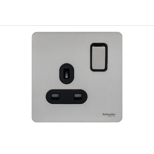 Schneider USFP 13A SP 1G Switched Socket Black Insert - Stainless Steel - GU3410BSS, Image 1 of 1