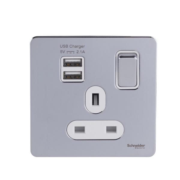 Schneider USFP 1G Switched SO SP 2XUSB 2.1 White Insert - Polished Chrome - GGBGU34102USBAWPC, Image 1 of 1