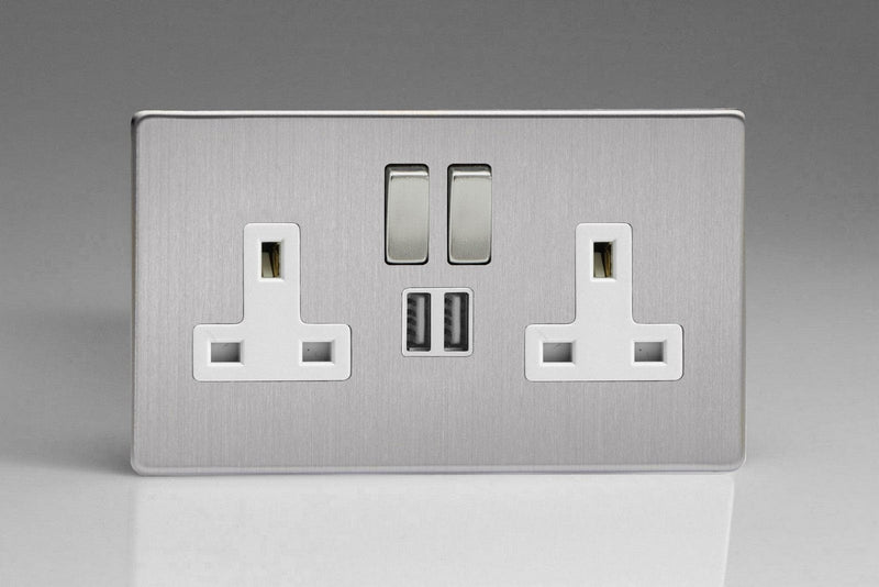 Varilight 2-Gang 13A Double Pole Switched Socket with Metal Rockers + 2 5V DC 2100mA USB Charging Ports - XDS5U2SWS, Image 1 of 1