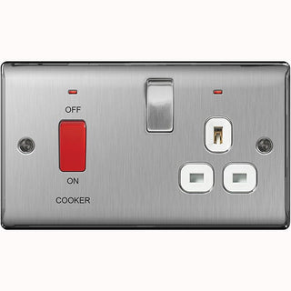 BG Nexus Metal Brushed Steel 45A Cooker Control Unit With Switched 13A Power Socket, Includes Power Indicators - White Insert -