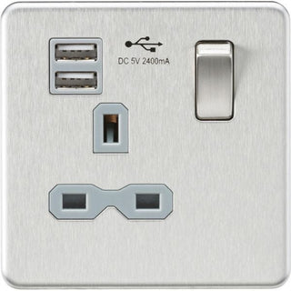Knightsbridge Screwless 13A 1G switched socket with dual USB charger (2.4A) - brushed chrome with grey insert - SFR9124BCG