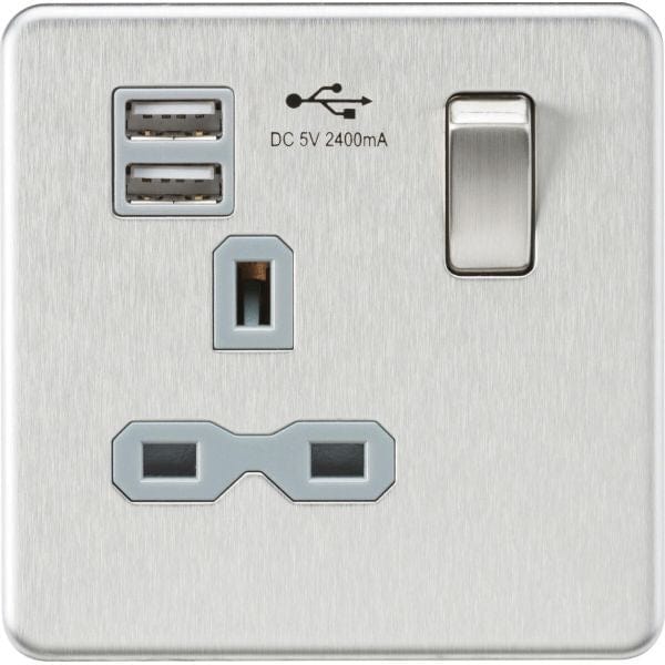 Knightsbridge Screwless 13A 1G switched socket with dual USB charger (2.4A) - brushed chrome with grey insert - SFR9124BCG, Image 1 of 1