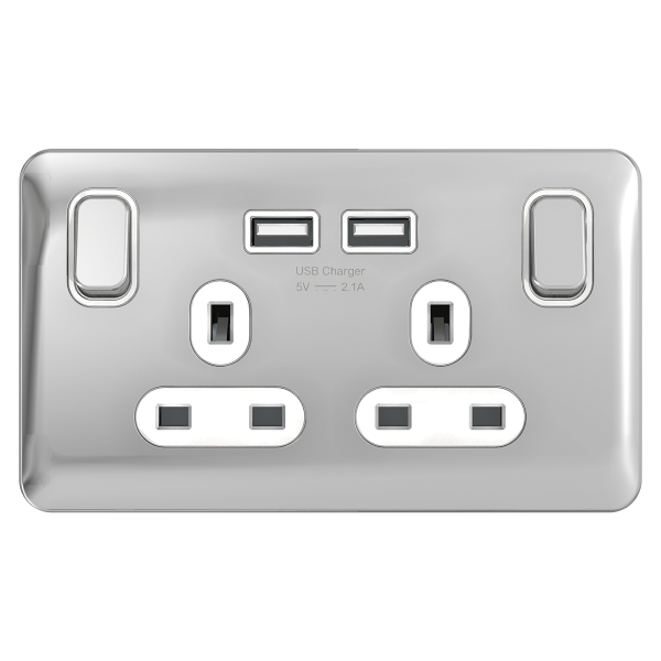 Schneider LSD 2G 13A SP 2x USB White Insert Polished Chrome - GGBL30202USBAWPCS, Image 1 of 1