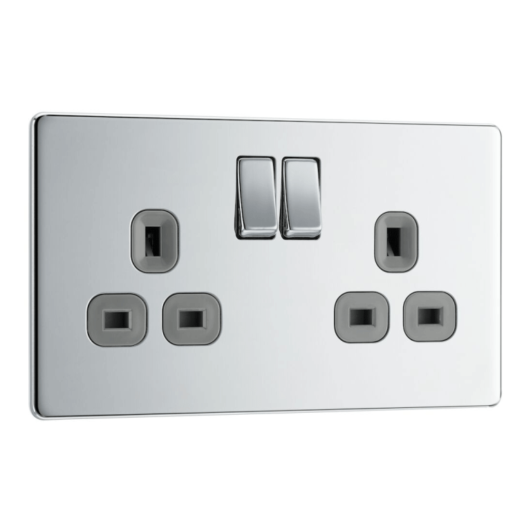 BG Screwless Flatplate Polished Chrome Double Switched 13A Power Socket - Grey Insert - FPC22G, Image 1 of 3