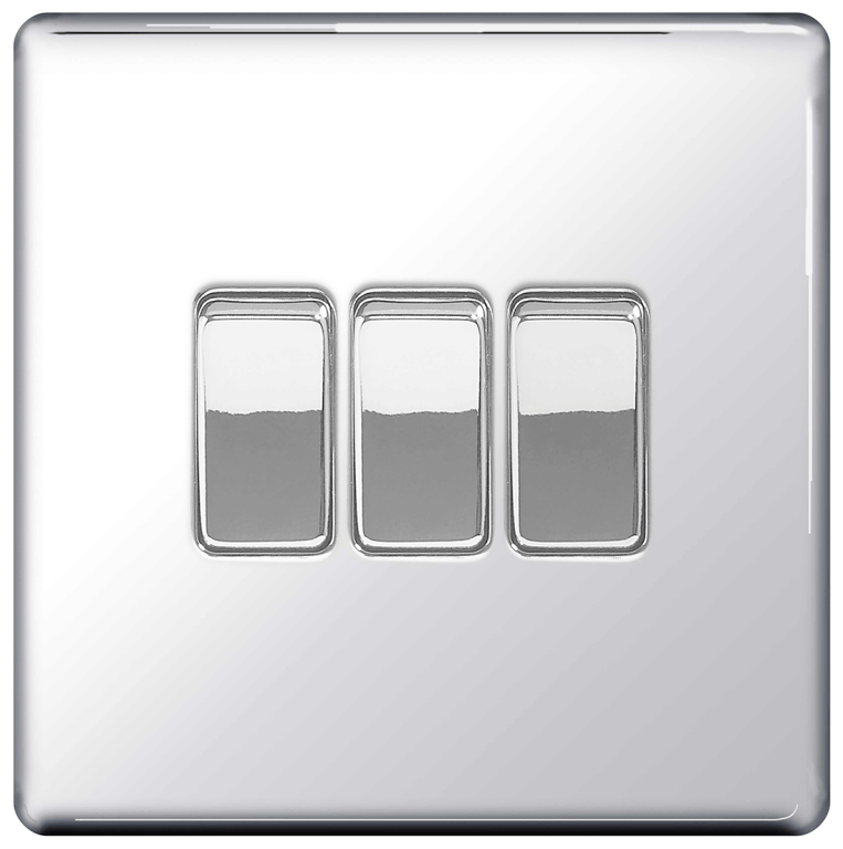 BG Screwless Flatplate Polished Chrome Triple Switch, 10Ax 2 Way - FPC43, Image 1 of 1