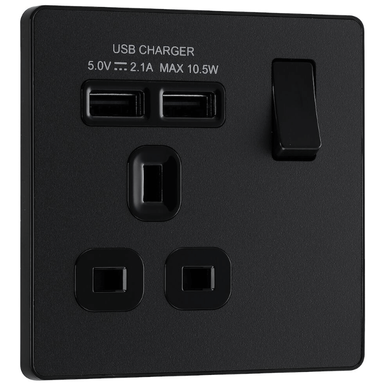 BG Evolve Matt Black Single Switched 13A Power Socket + 2 X USB (2.1A) - PCDMB21U2B, Image 1 of 3