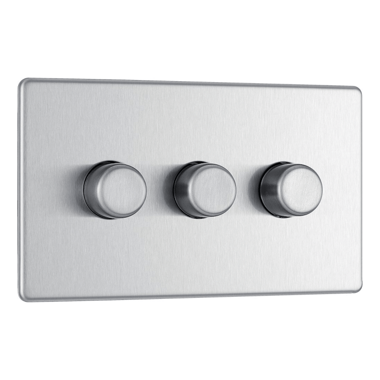 BG Screwless Flatplate Brushed Steel Triple Intelligent Led Dimmer Switch, 2-Way Push On/Off - FBS83, Image 1 of 3