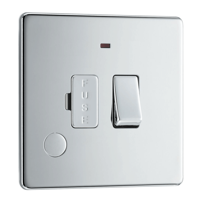 BG Screwless Flatplate Polished Chrome Switched 13A Fused Connection Unit, With Power Indicator And Cable Outlet - FPC53, Image 1 of 3