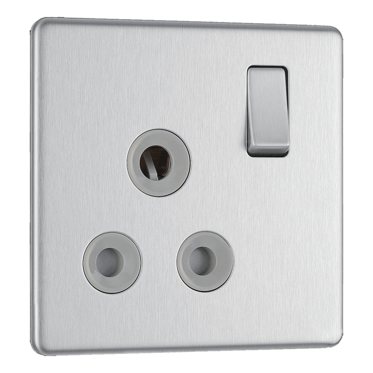 BG Nexus Flatplate Screwless Brushed Steel 1 Gang 15A Round Pin Switched Socket Grey Insert - FBS99G, Image 1 of 3