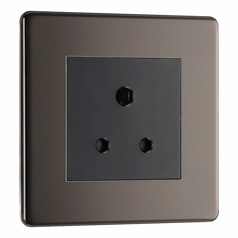BG Nexus Flatplate Screwless Black Nickel 5A 1 Gang Unswitched Round-Pin Socket - Black Insert FBN29B, Image 1 of 3