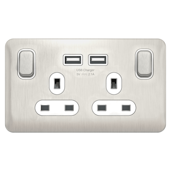 Schneider LSD 2G 13A SP 2USB White Insert - Stainless Steel  RP - GGBL30202USBAWSSS, Image 1 of 1