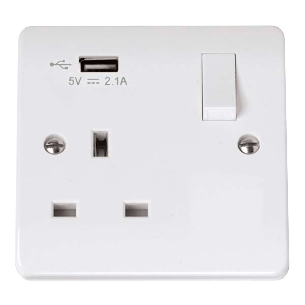 Click Scolmore Mode 13A 1 Gang USB 2.1 Plug Socket Polar White - CMA771U, Image 1 of 1