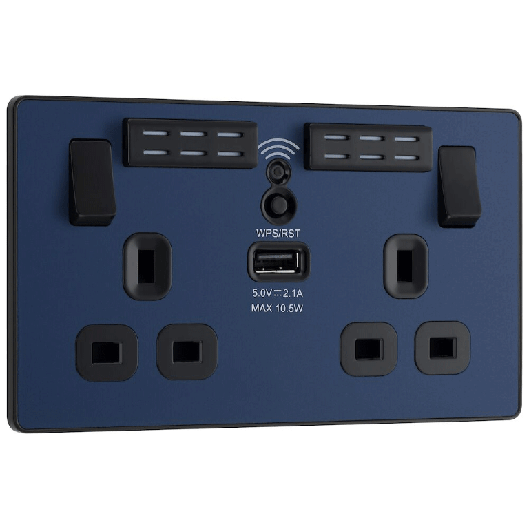 BG Evolve Matt Blue Wifi Extender Double Switched 13A Power Socket + 1 X USB (2.1A) - PCDDB22UWRB, Image 1 of 3