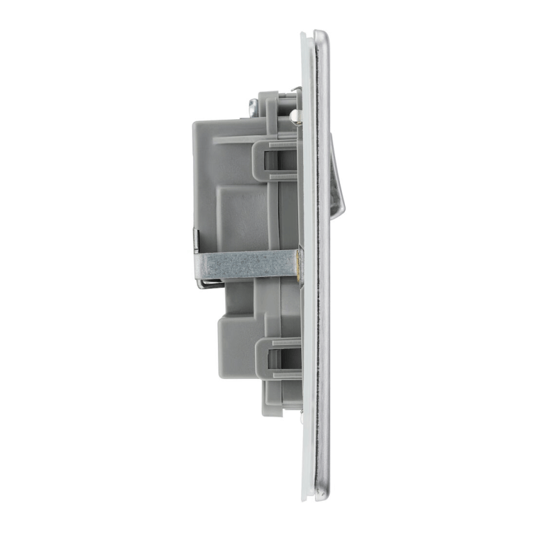 BG Screwless Flatplate Brushed Steel Double Switched 13A Power Socket - Grey Insert - FBS22G, Image 2 of 4