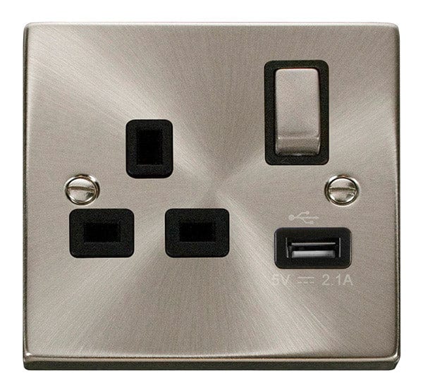 Click Scolmore Deco Satin Chrome 1 Gang USB Outlet Switch With Black Ingot - VPSC571UBK, Image 1 of 1