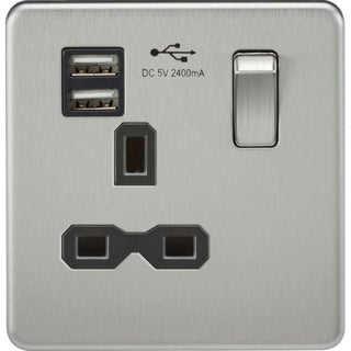 Knightsbridge Screwless 13A 1G switched socket with dual USB charger (2.4A) - brushed chrome with black insert - SFR9124BC