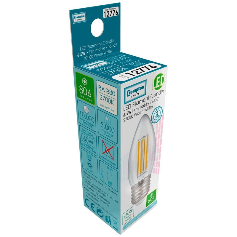 Crompton LED Candle Filament Clear 6.5W 2700K ES-E27 - CROM12776, Image 2 of 2