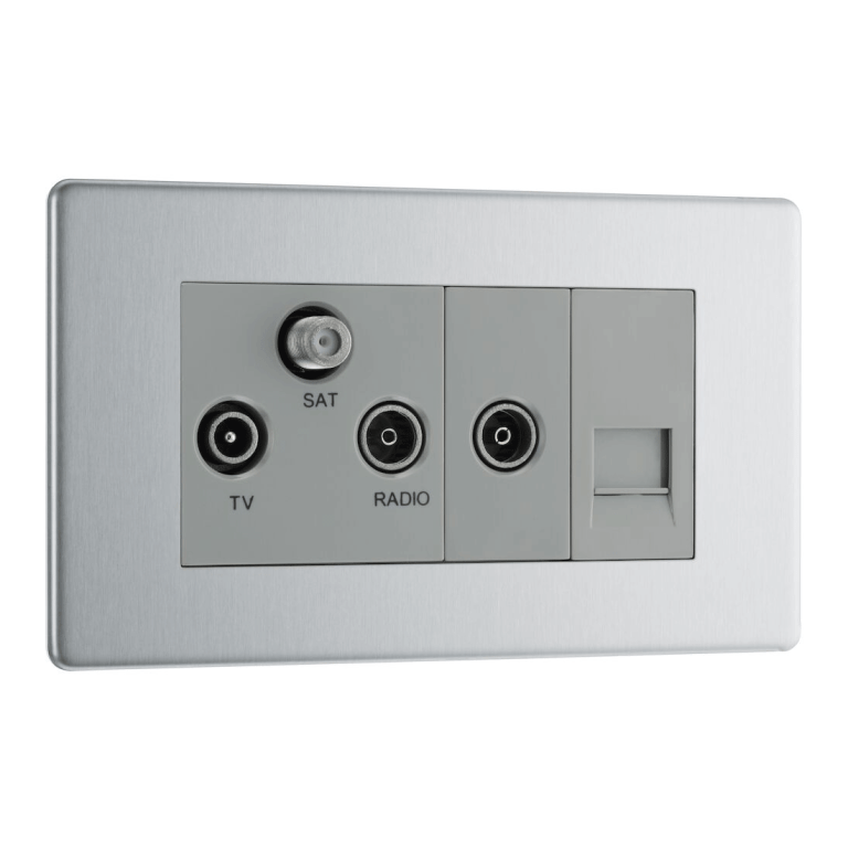 BG Flat Plate Brushed Steel Gr Tri Tv/Fm/Sat Skt+R&1G Tel Scr - FBS68, Image 1 of 3