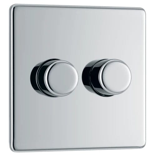 BG Screwless Flatplate Polished Chrome 400W Double Dimmer Switch, 2-Way Push On/Off - FPC82P, Image 1 of 1